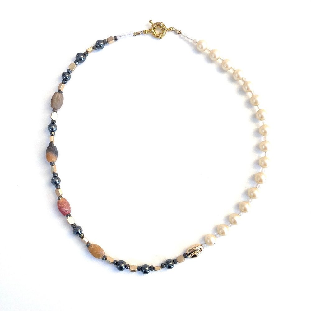 Short Pearls Necklace, Red Glass, Hematite Beads